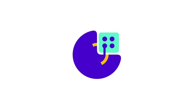 A purple stylized letter G or a curved arrow surrounds a small turquoise square with four dots resembling a die to indicate a process involving randomization or structured game mechanics
