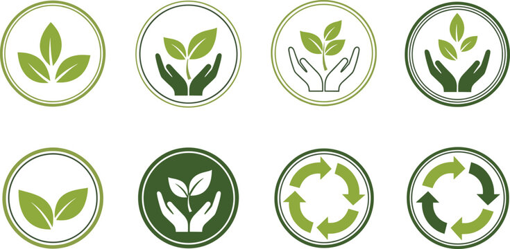 Set of eco-friendly and organic badges with recycling arrows, green leaves, and planet earth symbols.