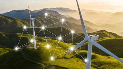 Wind turbines on green hills with network connections