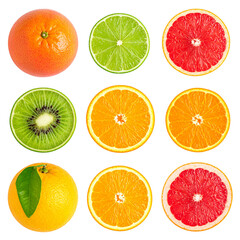 Top view varies of mixed fruit isolated on transparent or white background
