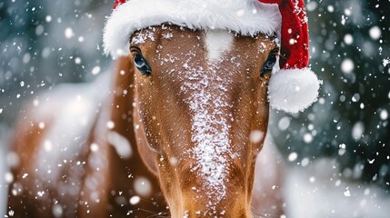 Charming Winter Scene A Beautiful Horse Wearing a Santa Hat Surrounded by Snowflakes and Cheer
