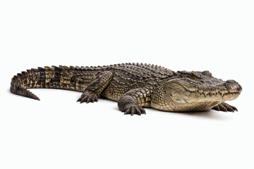 Fototapeta premium Majestic Crocodile Lying Flat Head Slightly Raised Isolated on White Background with Extreme Realism