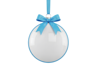 White circular ornament with blue ribbon isolated on a transparent background