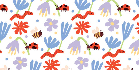 Seamless Pattern With Bright Red, Blue And Purple Flowers, Bees, Ladybugs And Worms. Geometric Shapes, Funny And Colorful Childlike Doodle Insects. Wrapping Paper Design © roze ultra
