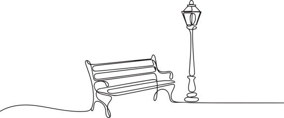 Continuous line drawing of Bench and lantern in park.one line vector illustration with white background © MstMoushumi