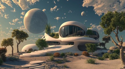 Futuristic alien landscape with cosmic planet. Abstract architecture building on another world