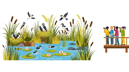 A group of people observe birds and lush vegetation on a wooden boardwalk near a serene wetland on World Wetlands Day with a shallow depth of field.