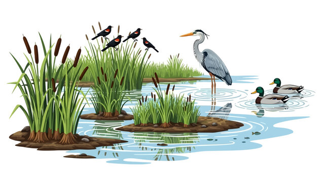 Illustration of a serene wetland scene with a heron standing among cattails and waterfowl swimming in the calm waters on World Wetlands Day.