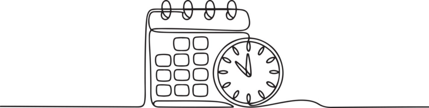 Continuous one single line drawing of calendar and clock icon.one line vector illustration with white background