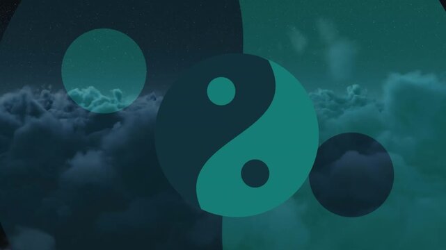 Animation of yin yang symbol over sky with clouds