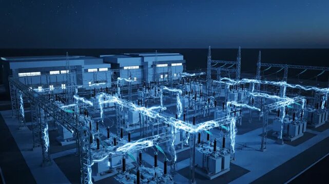 Electrical substation with lightning strikes on towers and equipment at night