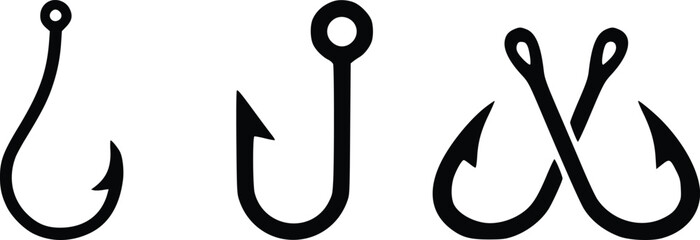 Set of fishing hook icons isolated on white background. Vector illustration of black fishhook silhouettes in various shapes.