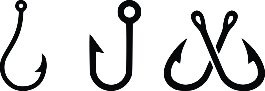 Set of fishing hook icons isolated on white background. Vector illustration of black fishhook silhouettes in various shapes.
