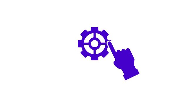 A purple hand icon with a pointing finger interacts with a matching purple gear to represent a manual configuration process or the direct activation of a specific mechanical function