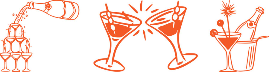 Set of three hand-drawn orange cocktail and champagne party illustrations: champagne tower, martini toast, and bottle in ice bucket. © TAHERA