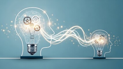 Light Bulb Heads Sharing Ideas with Gears and Glowing Lines human head idea sharing
