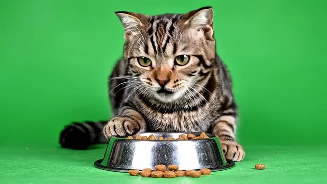 Adorable tabby cat eating dry kibble from a stainless steel bowl on a greenscreen background