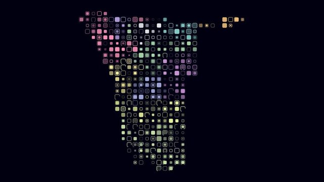Namibia animated country shape. Pulsating colored dots on the map of the country. Large size rounded square blocks. Digital style Namibia map on dark background. Simple animation video.