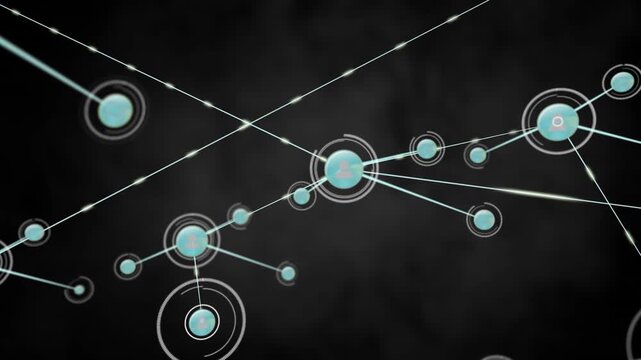 Animation of network of connections with icons over gloving lights on black background