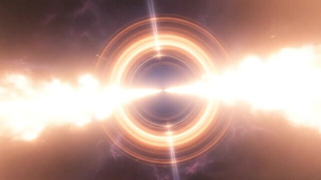 Cosmic black hole with glowing accretion disk and energetic jets in deep space