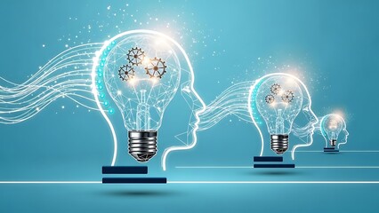 Light Bulb Heads with Gears and Wires on Blue Background human head