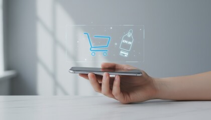 Hand holding smartphone with holographic ar interface showing shopping cart, price tag and credit card icons over the screen, illustrating mobile e commerce and digital payments