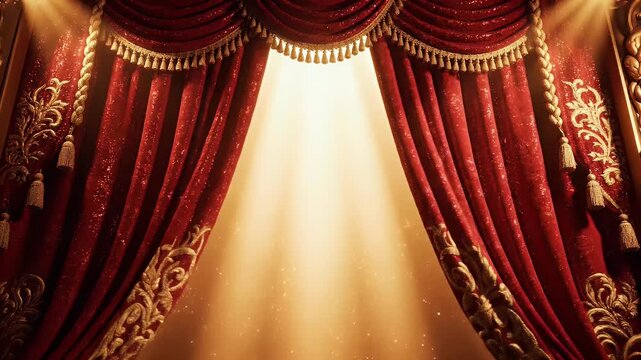 Red stage curtain with golden ornament and dramatic lighting