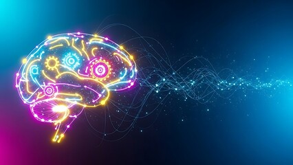 Neon brain with glowing lines and gears on dark background
