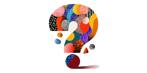A vibrant, abstract question mark composed of various textured and colorful shapes on a black background