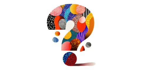 A vibrant, abstract question mark composed of various textured and colorful shapes on a black background