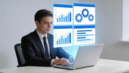 Businessman working on laptop with data charts