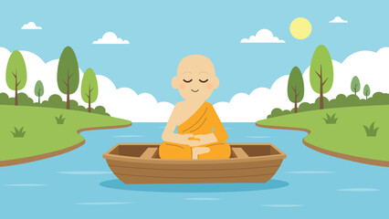 Buddhist Monk Meditating in a Wooden Boat on a River flat 2d style. Peaceful Zen Scene: Young Monk Practicing Mindfulness on a Calm Lake.Nature Background with Meditating Monk in a Rowboat