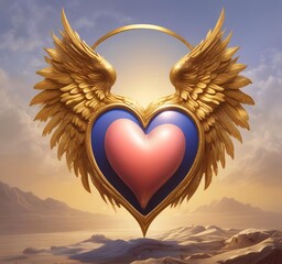 Love heart with golden wings, fantasy romance concept, smooth gradients, clean background