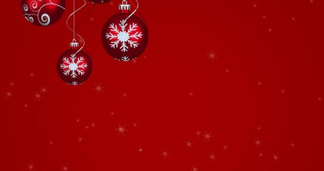 Animation of snow falling over christmas decorations on red background - Powered by Adobe