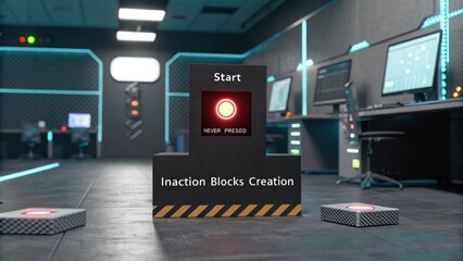 Start Button with Glowing Red Dot in a Futuristic Studio