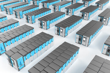 Group of energy storage systems or battery container units isometric