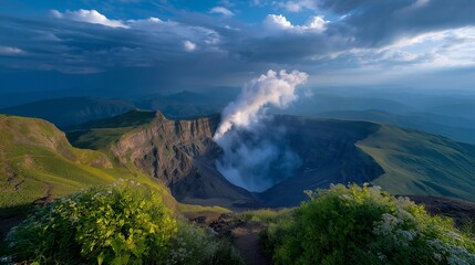 A stunning volcanic crater reveals its powerful presence, with smoke billowing dramatically into the sky, showcasing nature's raw energy in a breathtaking landscape ideal for environmental or