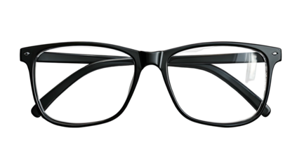 Overhead shot of a pair of black-framed eyeglasses against a stark black background