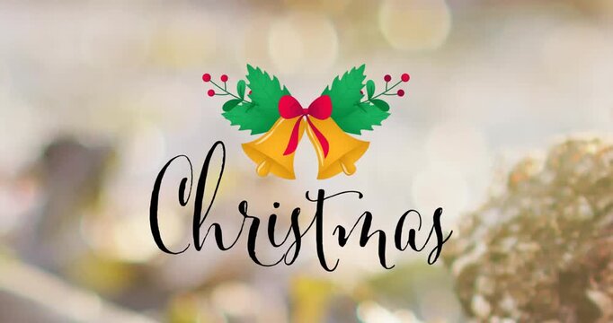 Animation of christmas text banner and bell icon against decorative christmas tree