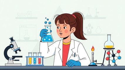 A young girl in a lab coat conducting a science experiment with various equipment