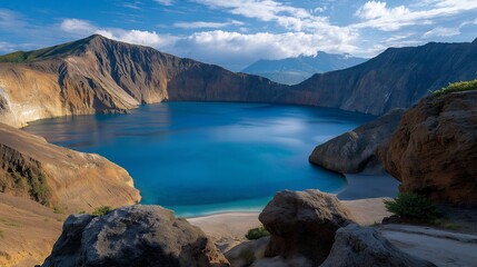 Naklejka premium The juxtaposition of a volcanic crater lake and surrounding dramatic cliffs invites adventure seekers and landscape lovers to discover the captivating intricacies of nature’s geological artistry in