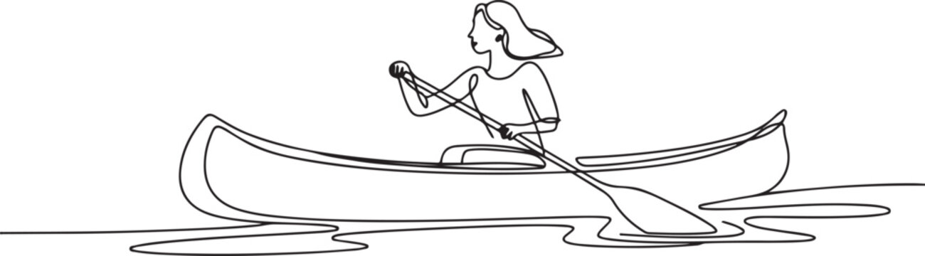 woman rowing canoe.one line vector illustration with white background