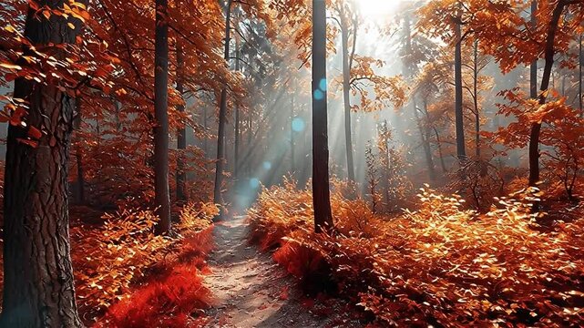 A transition from spring to winter concept. The image captures a forest path surrounded by vibrant autumn foliage and soft sunlight filtering through trees.