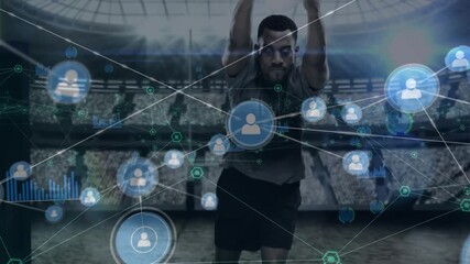 Animation of network of connections and data processing over rugby player - Powered by Adobe