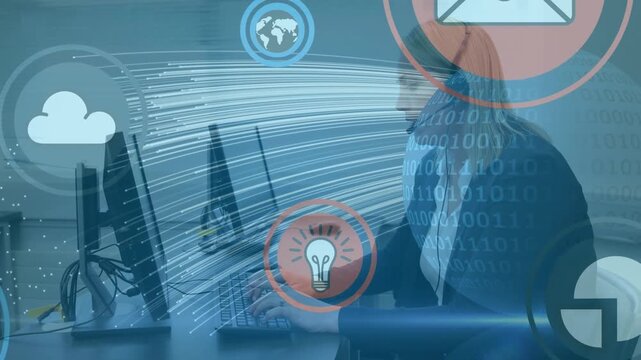 Animation of network of connections with cloud icon and binary coding over businesswoman