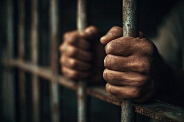 Close-up of hands grasping prison bars, hinting at confinement and captivity. Dark, moody tone