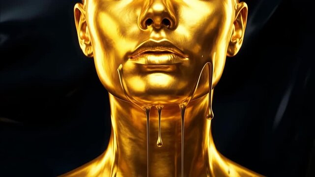 Luxury beauty concept with human face made of pure liquid gold skin glowing high end advertisement background wealth fashion makeup conceptual precious metal