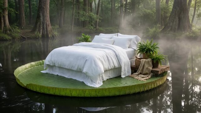 Luxury bed on giant green leaf floating in calm pond surreal furniture advertisement background eco sleep wellness conceptual nature organic