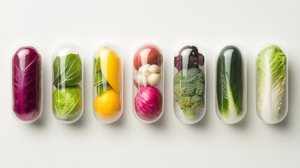 Fruits and vegetables encapsulated in clear capsules, healthy nutrition for dietary