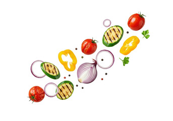 Grilled zucchini slices, roasted red tomatoes, vibrant yellow bell pepper, purple onion, parsley, peppercorns suspended mid-air on bright white background with shadows, copy space. Dynamic healthy